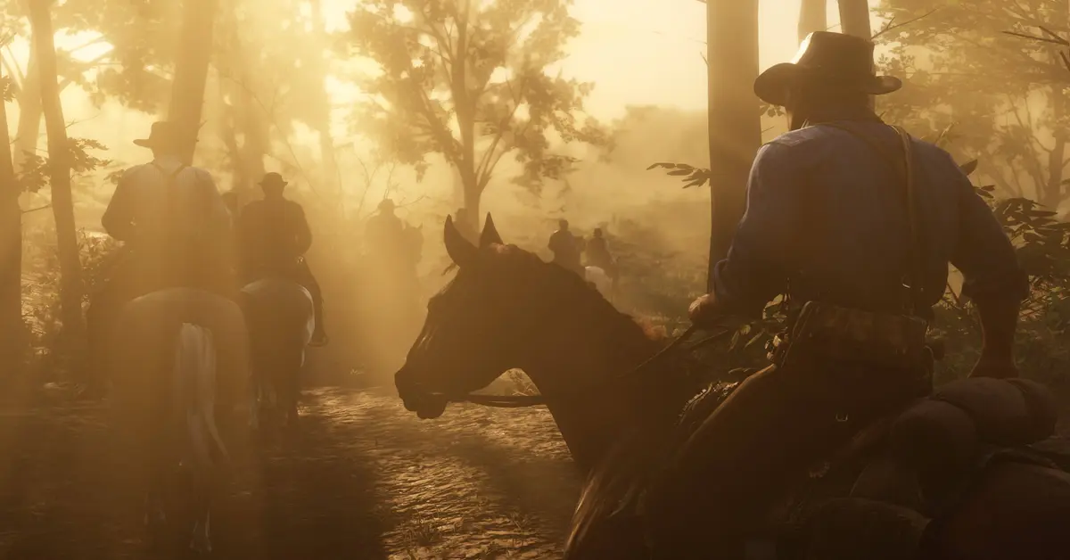Una vista dettagliata di una fitta foresta con la luce del sole che filtra tra gli alberi in Red Dead Redemption 2 su PC
