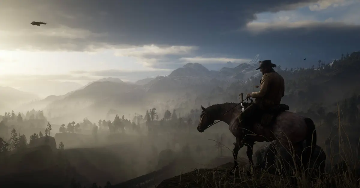 Arthur Morgan a cavallo attraverso un vasto e suggestivo paesaggio del Selvaggio West in Red Dead Redemption 2