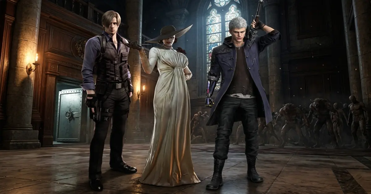 Leon S. Kennedy di Resident Evil 4 Remake insieme a Lady Dimitrescu di Resident Evil Village e Nero di Devil May Cry 5