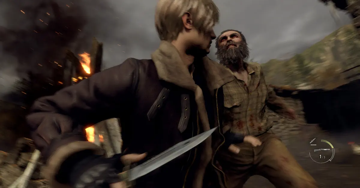 Leon combatte contro gli abitanti del villaggio infetti durante un intenso scontro in Resident Evil 4 Remake