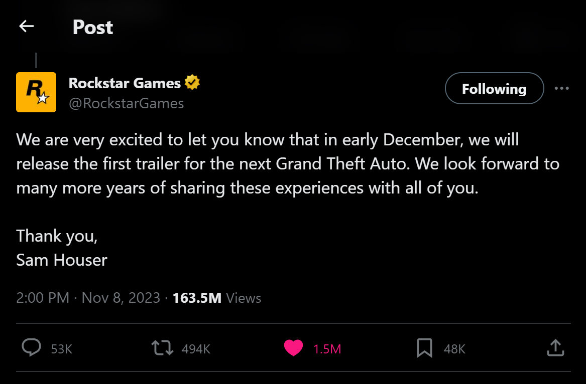Tweet ufficiale di Rockstar per il 25Âº anniversario