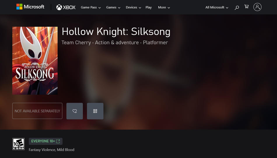 Hollow Knight Silksong pagina store di Microsoft