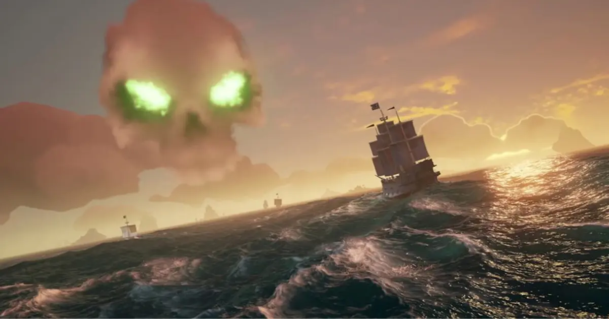 Galeone pirata che naviga in una tempesta su Sea of Thieves