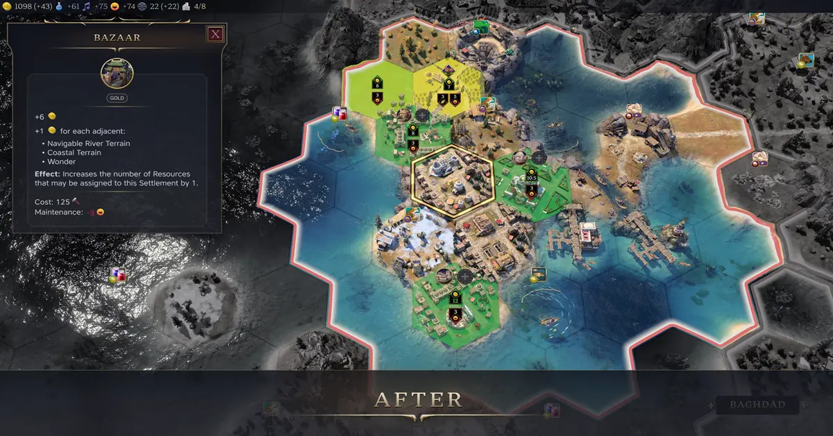 Vista della mappa strategica che mostra la pianificazione urbana e la gestione delle risorse in Civilization VII