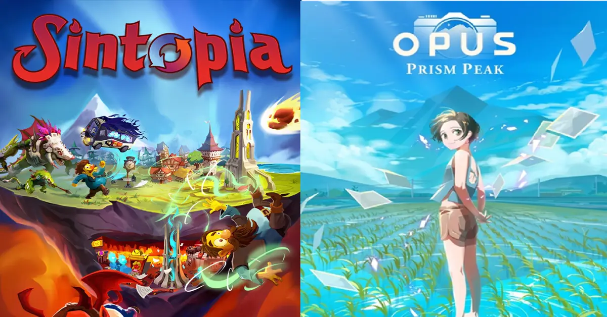 Confronto split-screen del gameplay di Sintopia e del paesaggio di OPUS Prism Peak.