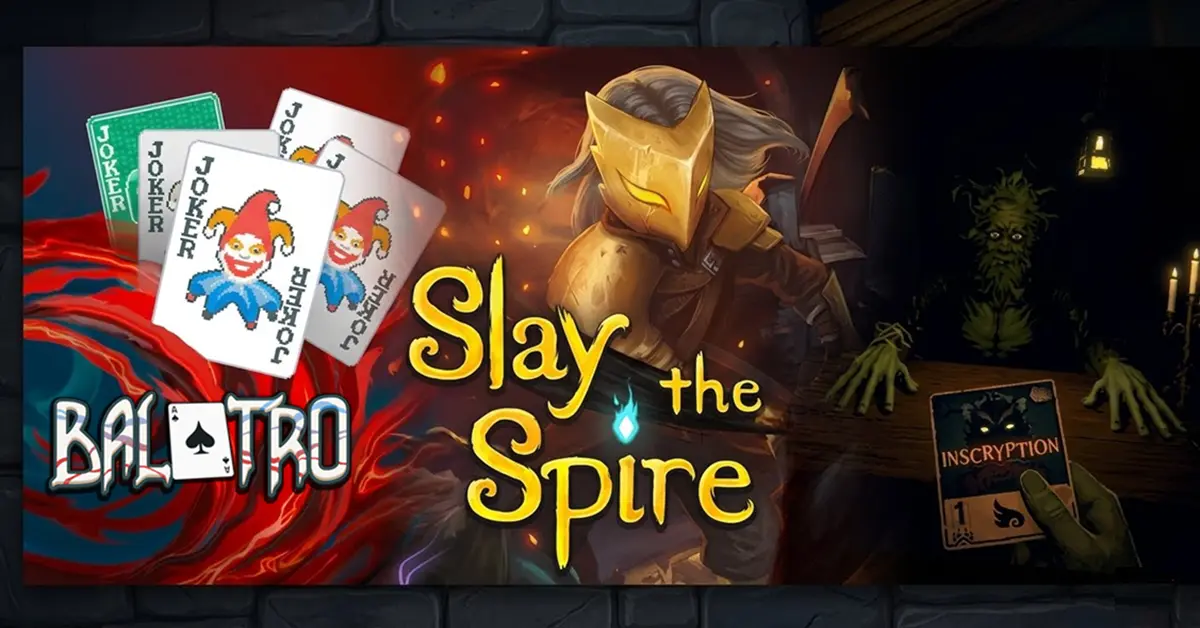 Collage di carte joker di Balatro, personaggio di Slay the Spire e mazziere oscuro di Inscryption