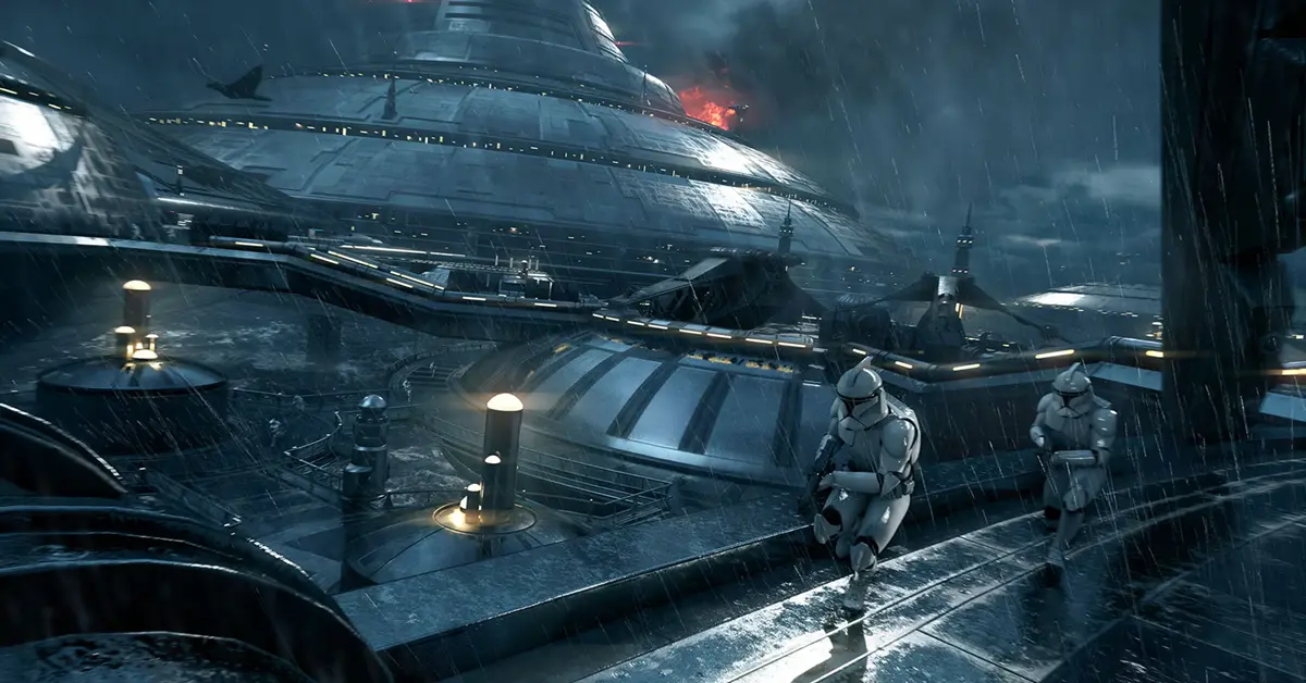 Una vista dettagliata di un Clone Trooper che naviga nella mappa multiplayer bagnata dalla pioggia di Kamino.