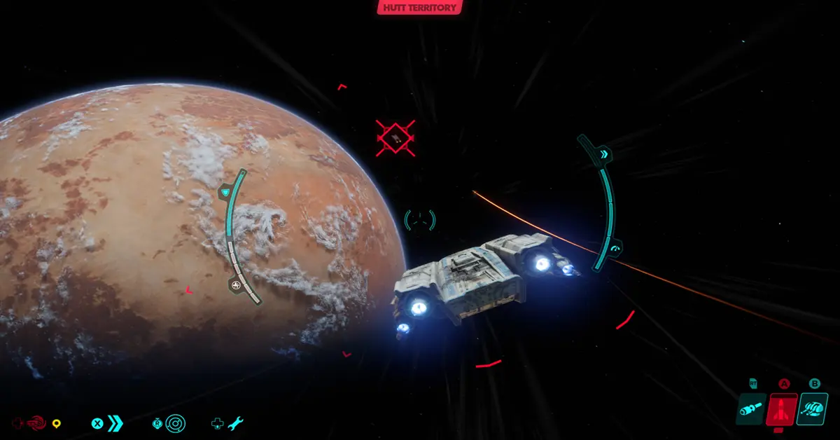 Screenshot di gioco di Kay Vess che pilota la Trailblazer ed è impegnata in combattimenti open-world.