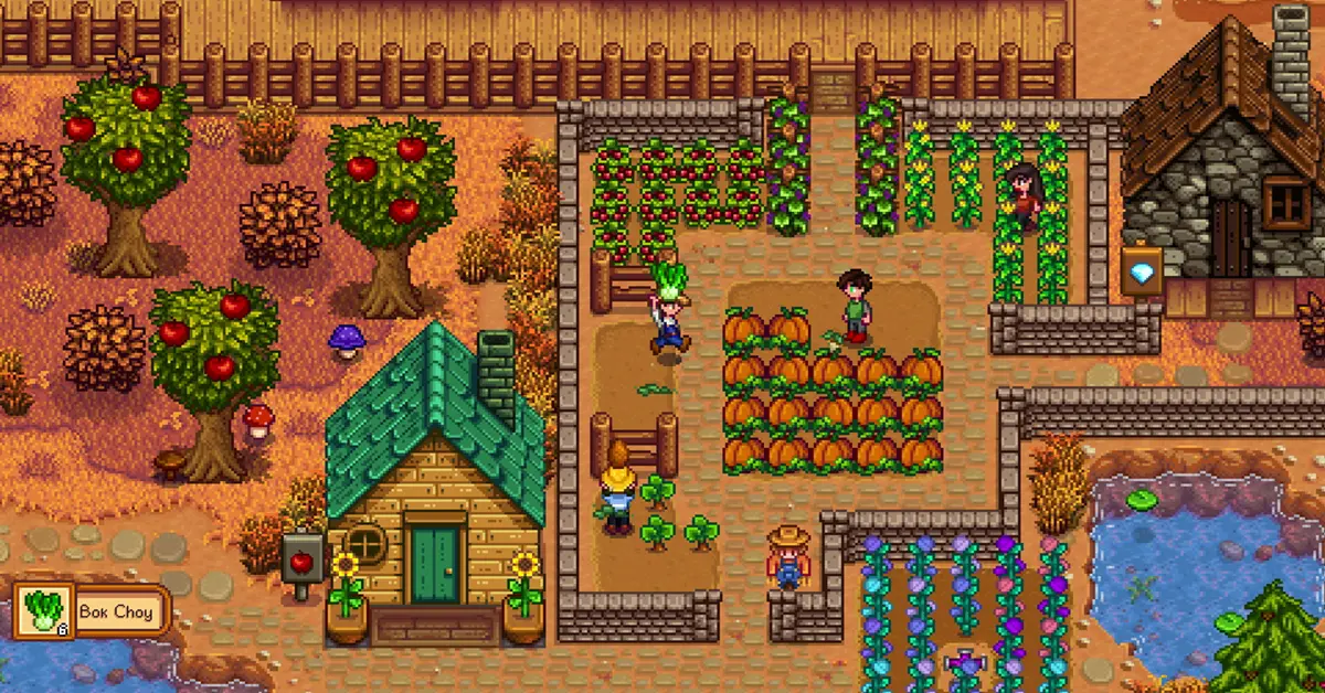 Una tranquilla fattoria digitale in Stardew Valley, circondata da alberi autunnali e zucche raccolte.