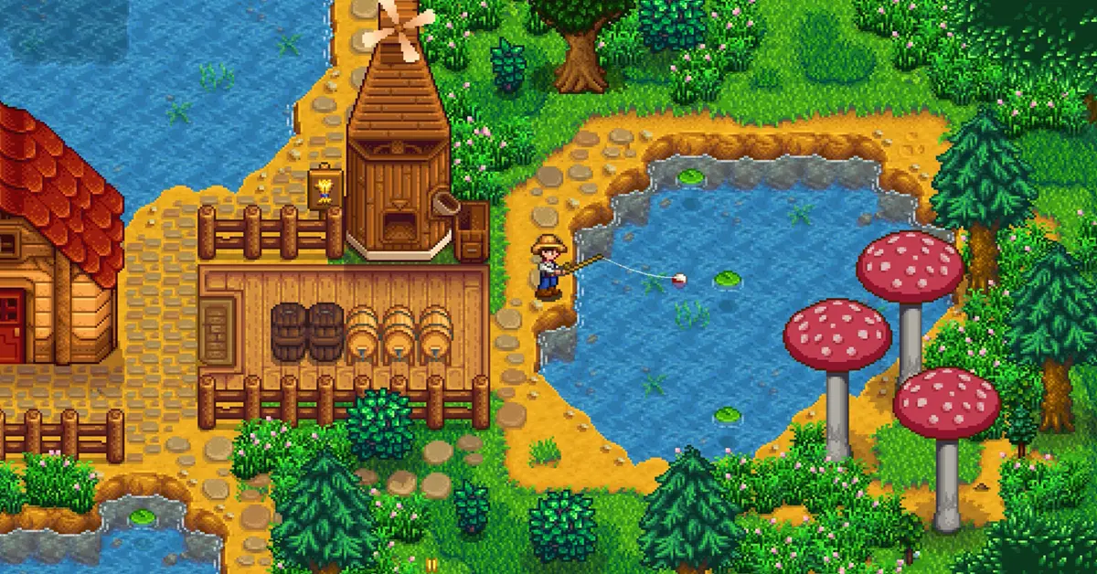 Un personaggio giocante che pesca vicino al lago di montagna a Stardew Valley in primavera.