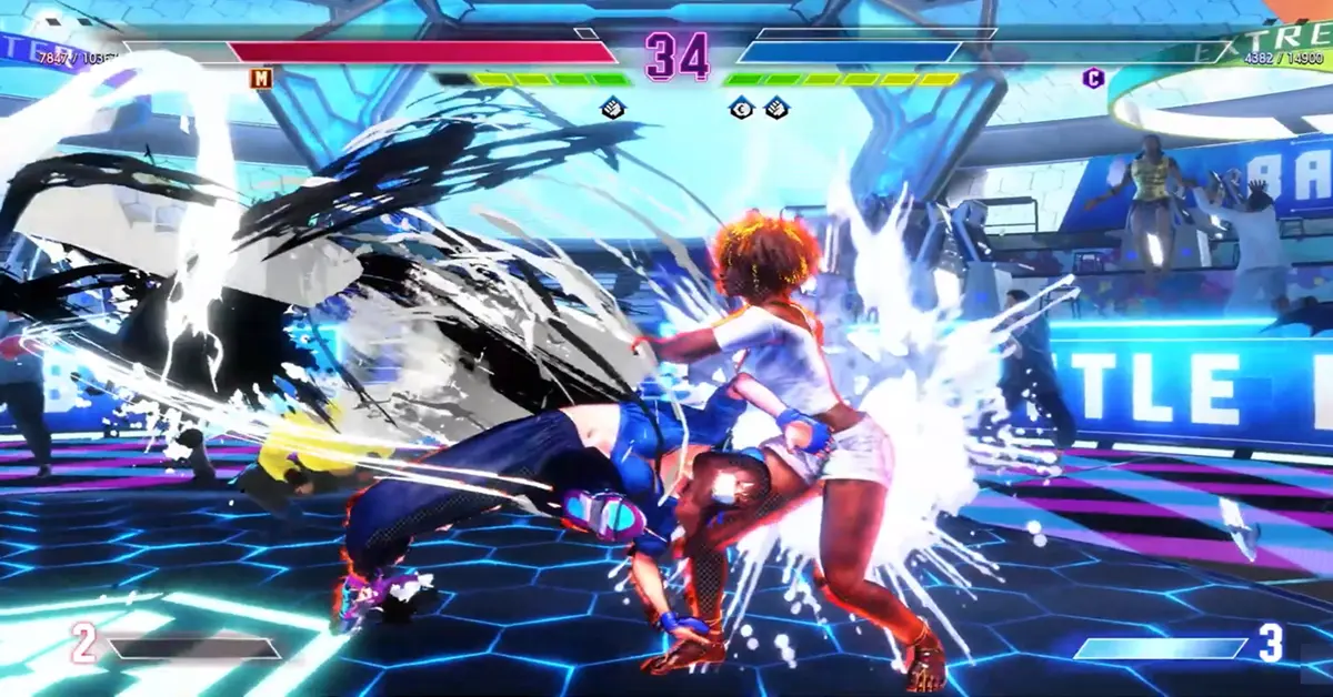 Gameplay di Street Fighter 6 che mostra una manovra Drive Impact nel Battle Hub.