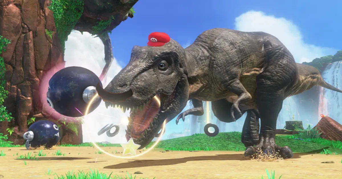 Mario controlla un enorme T-Rex realistico nel preistorico Regno delle Cascate, indossando sempre Cappy.