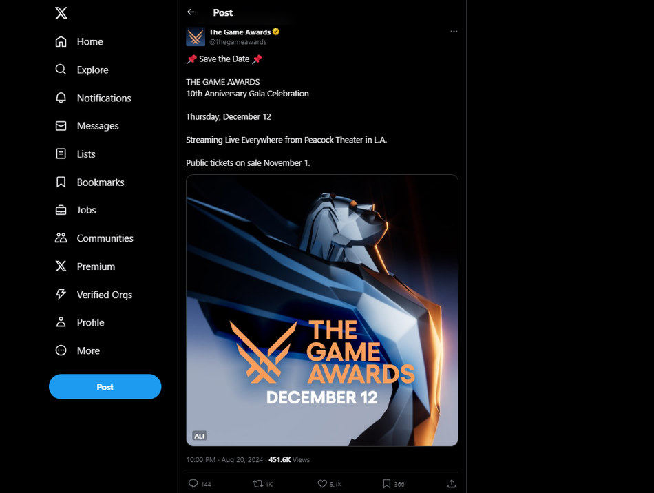 Annuncio su twitter dei The Game Awards 2024