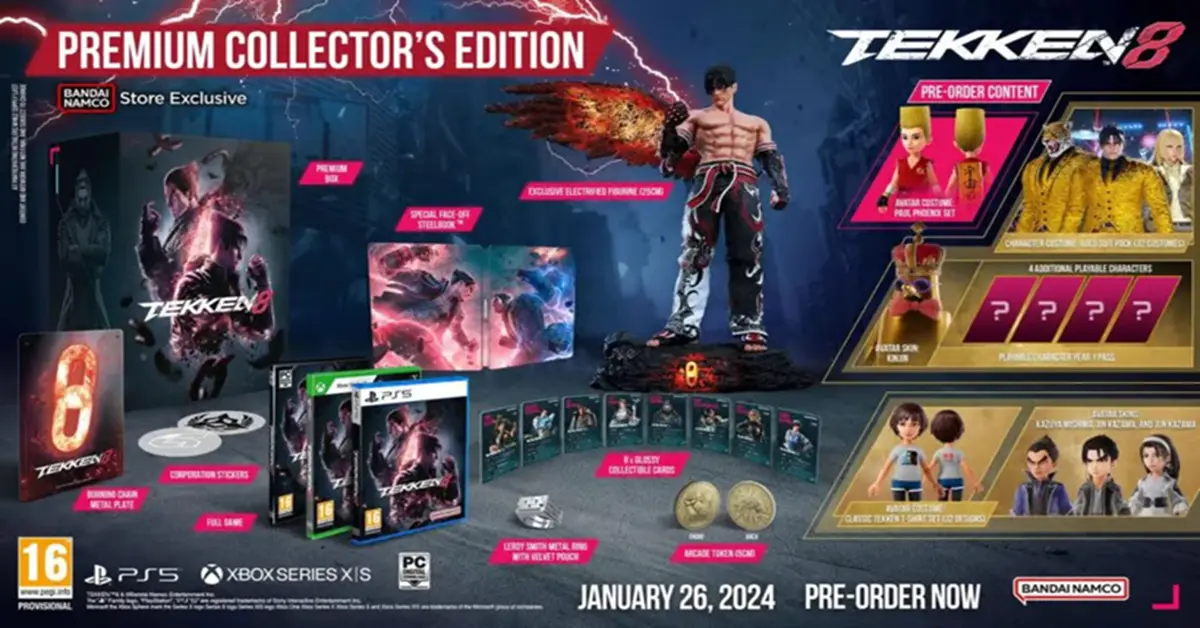 Confronto affiancato tra i modelli standard dei personaggi di Tekken 8 e gli oggetti premium per la personalizzazione degli avatar del Fight Pass.