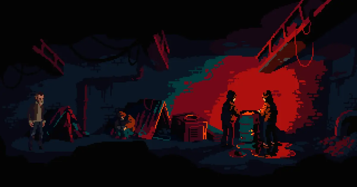 The Drifter utilizza ombre marcate e una cruda pixel art per consolidare la sua estetica da thriller pulp neo-noir.