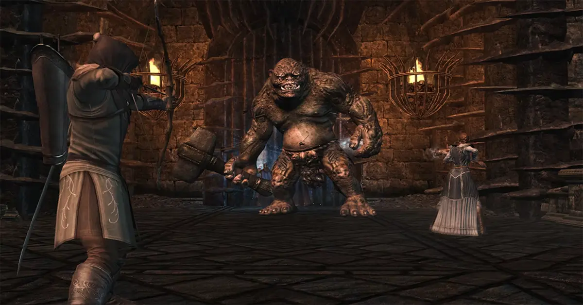 Screenshot del combattimento tattico a tre giocatori in The Lord of the Rings: War in the North - Legacy Edition.