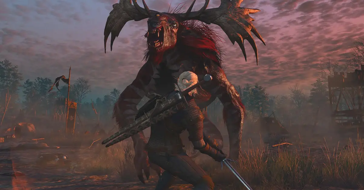 Geralt combatte un grifone in The Witcher 3 Wild Hunt