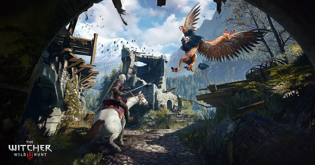 Geralt che combatte un gigantesco Grifone a Bianco Frutteto