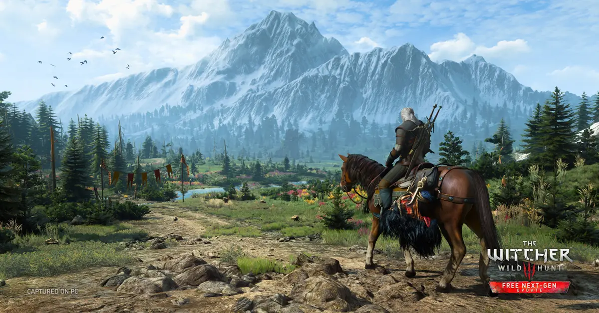 Geralt di Rivia osserva il lussureggiante paesaggio in ray-tracing del Velen in The Witcher 3 Next-Gen