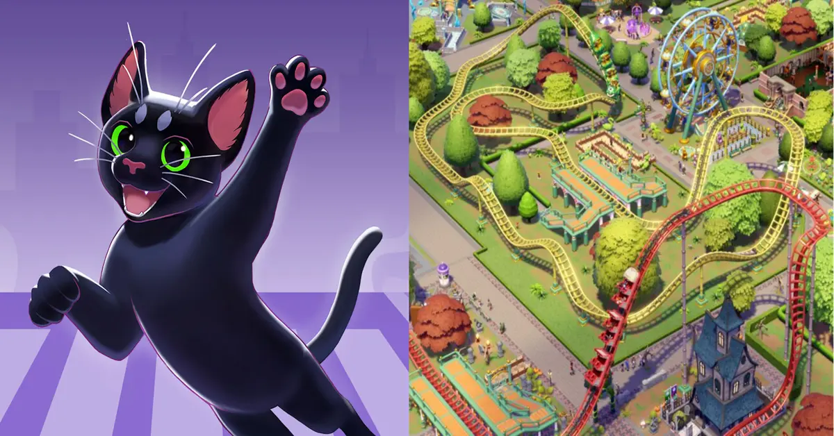 Vista dividida que compara la exposición gratuita de Little Kitty con una gigantesca montaña rusa del DLC de pago.