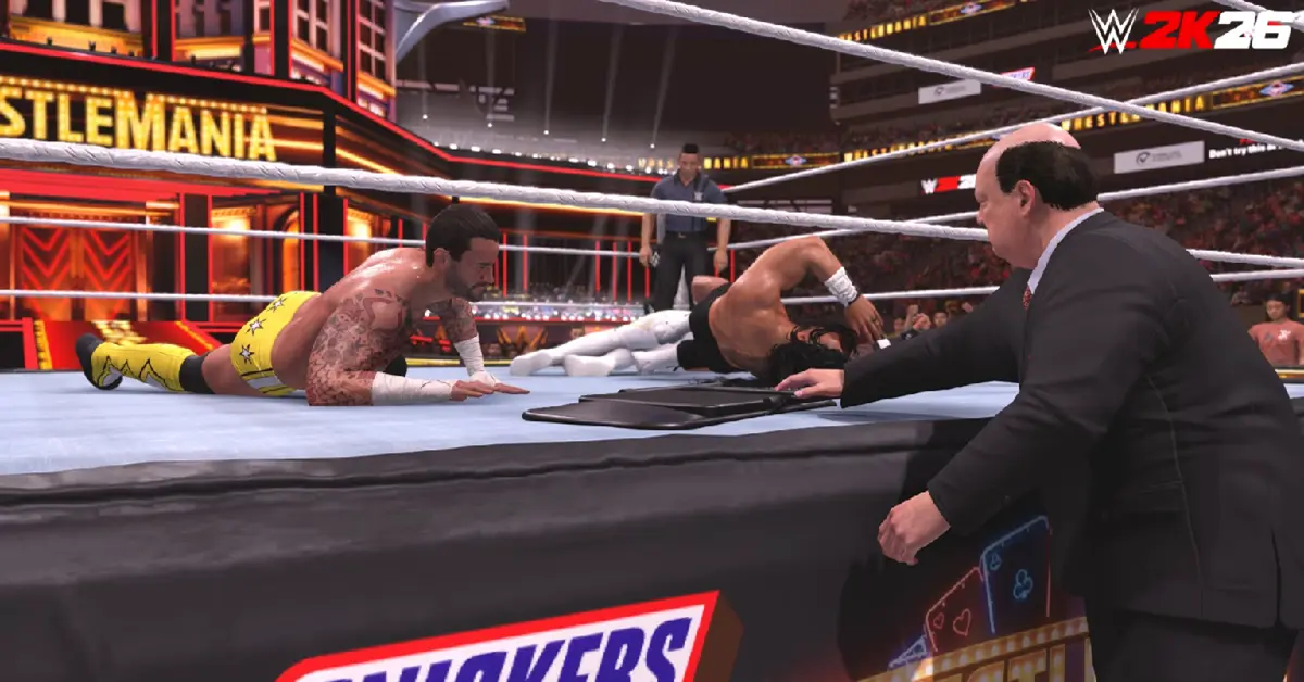 CM Punk mentre esegue una mossa finale su un avversario in WWE 2K26