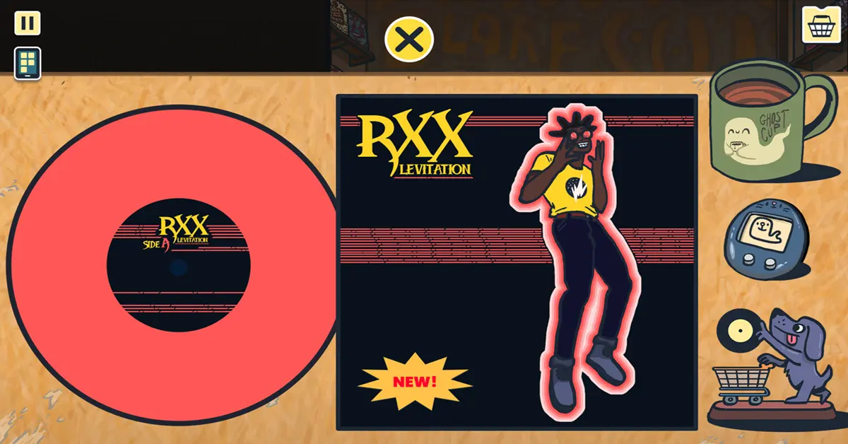 Un giocatore esamina il retro di un disco in vinile fittizio in Wax Heads per trovare indizi.