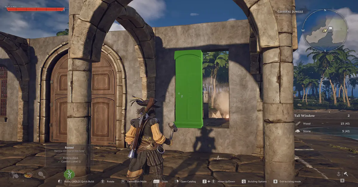 UI di base building di Windrose che mostra i giocatori intenti a costruire un nascondiglio pirata.