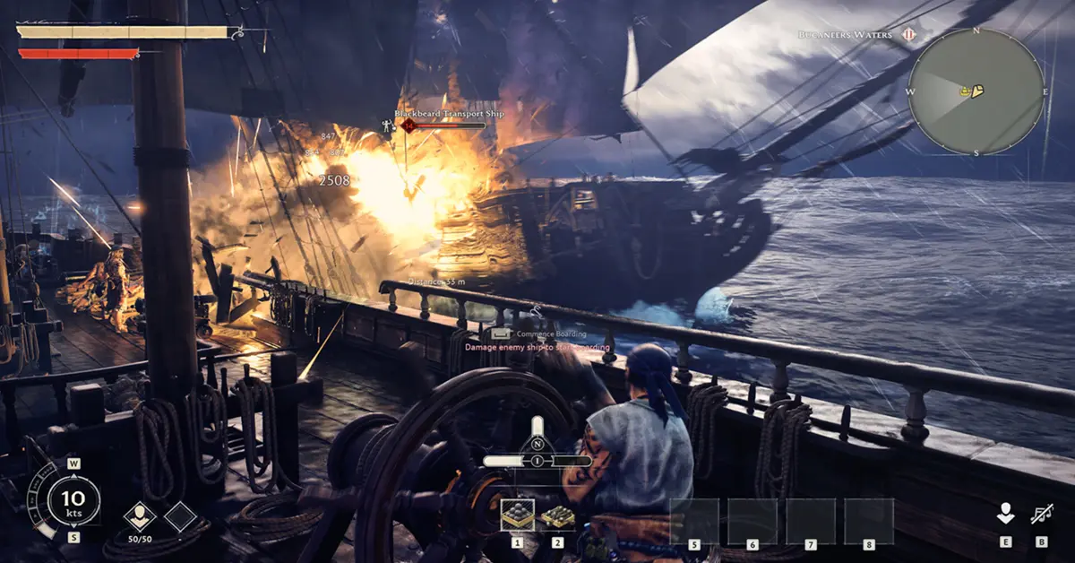 Una nave pirata in Windrose mentre naviga in mari in tempesta durante uno scontro PvE.