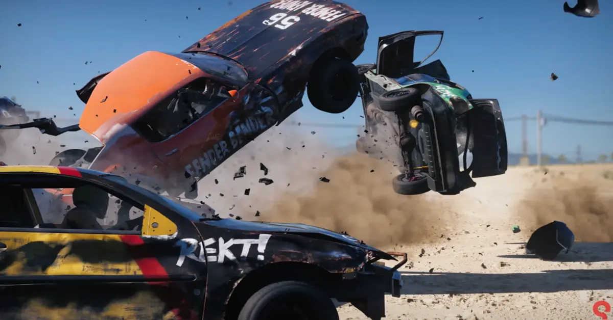 Una pesante berlina che mostra gravi deformazioni alla carrozzeria dopo un impatto ad alta velocità in Wreckfest 2.