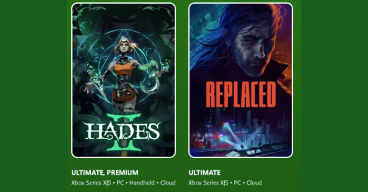 Carta abbonamento Xbox Game Pass Ultimate con i personaggi di Hades II e Replaced.
