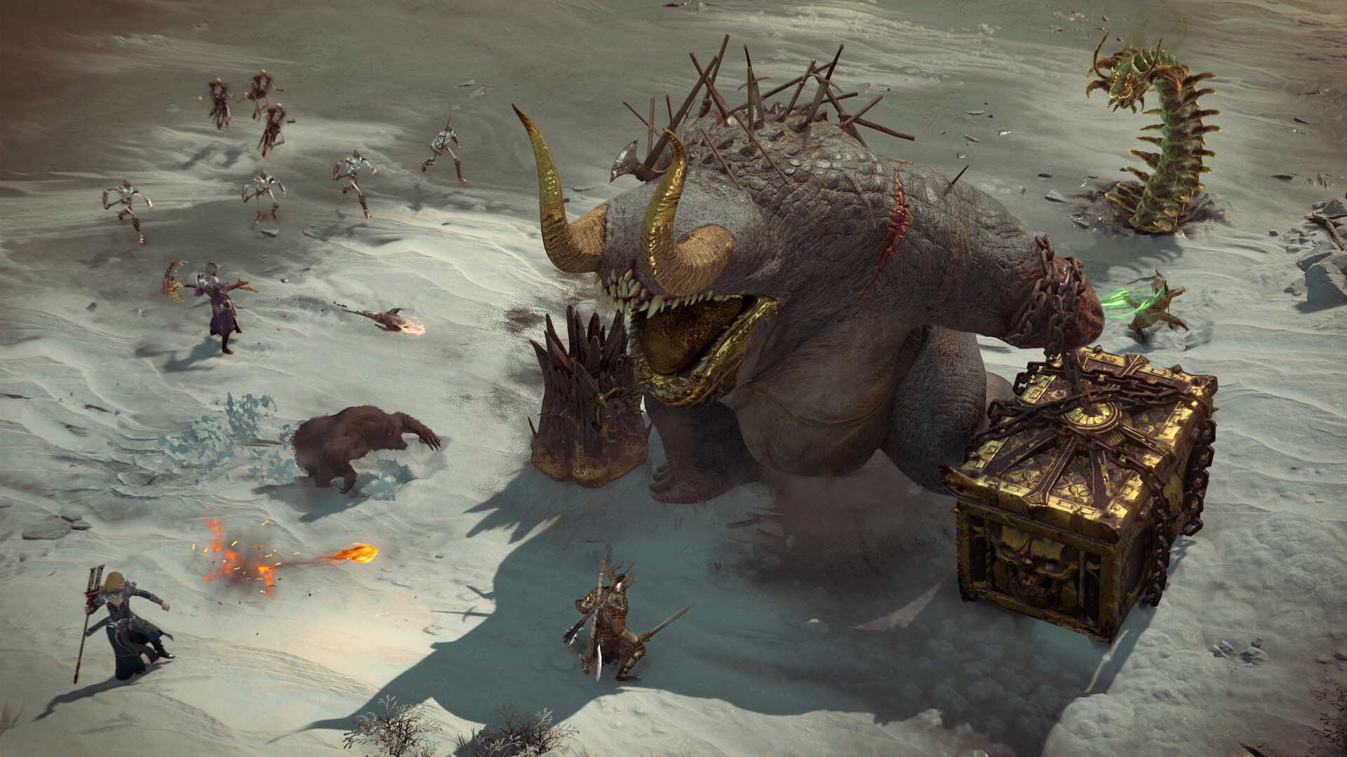 Scena di combattimento Diablo IV con eroe che combatte nemici demoniaci