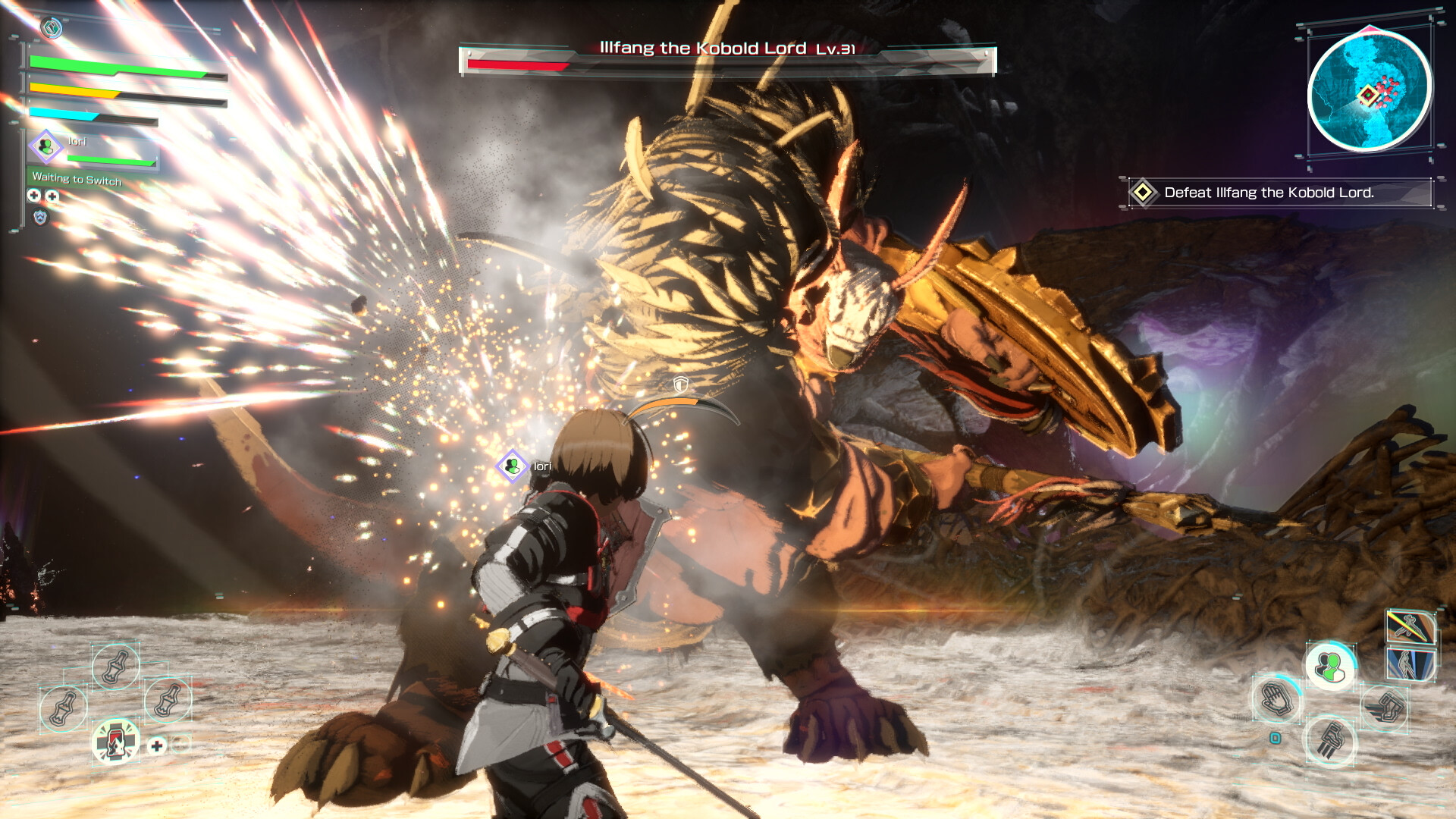 Scena di combattimento di Echoes of Aincrad con atmosfera action RPG da dungeon