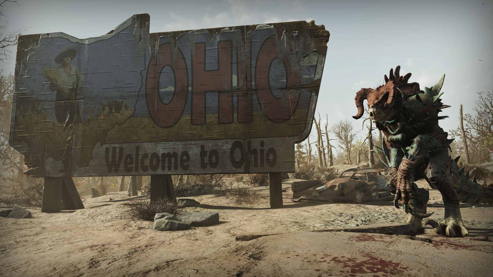 Paesaggio Skyline Valley di Fallout 76 con scenario tempestoso della landa