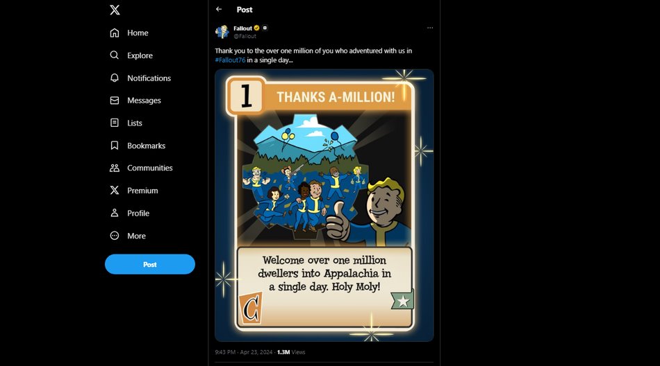 Over 1 Million players in a single day on Fallout 76 via Twitter