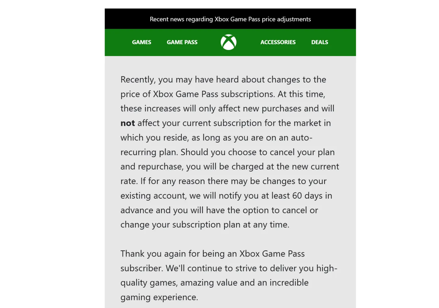 Email di Microsoft che rinvia l’aumento del prezzo di Game Pass Ultimate