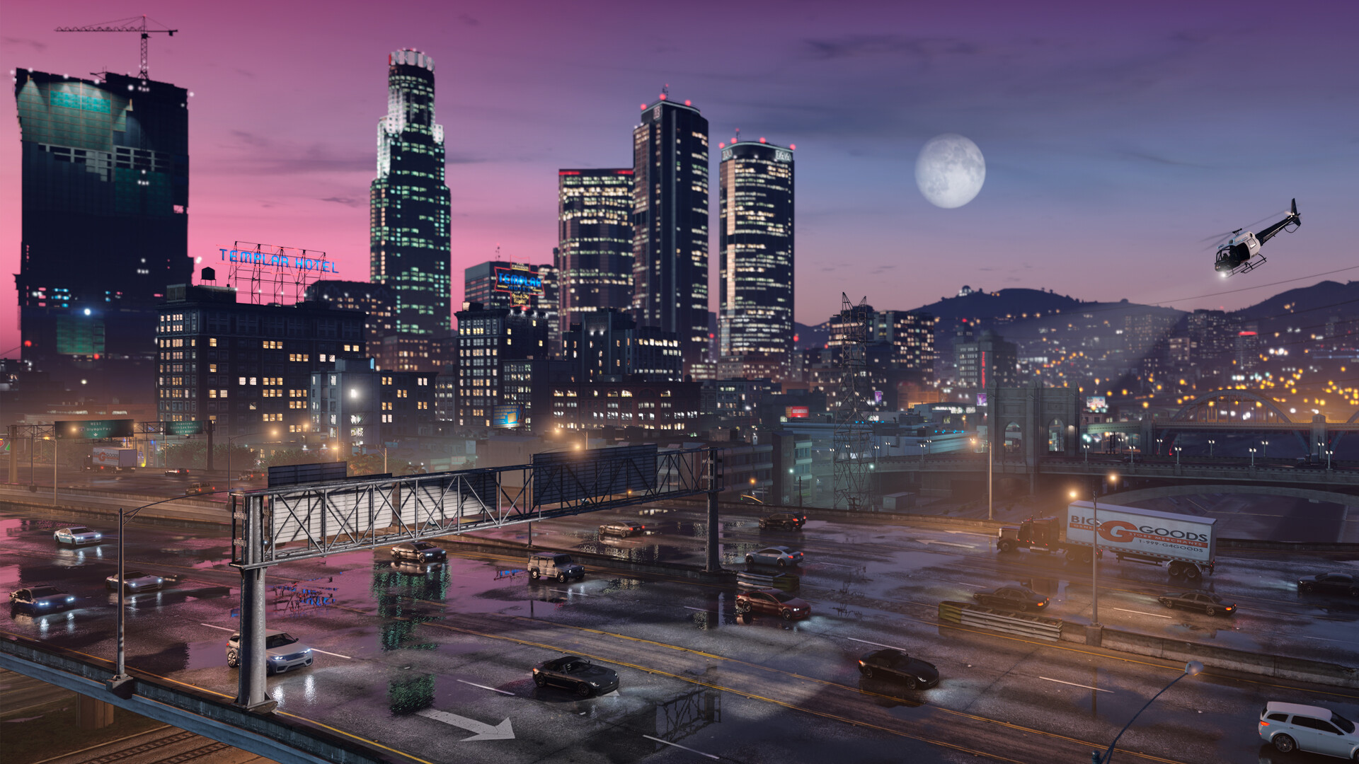 Grand Theft Auto V Enhanced scena di strada con auto e luci della città