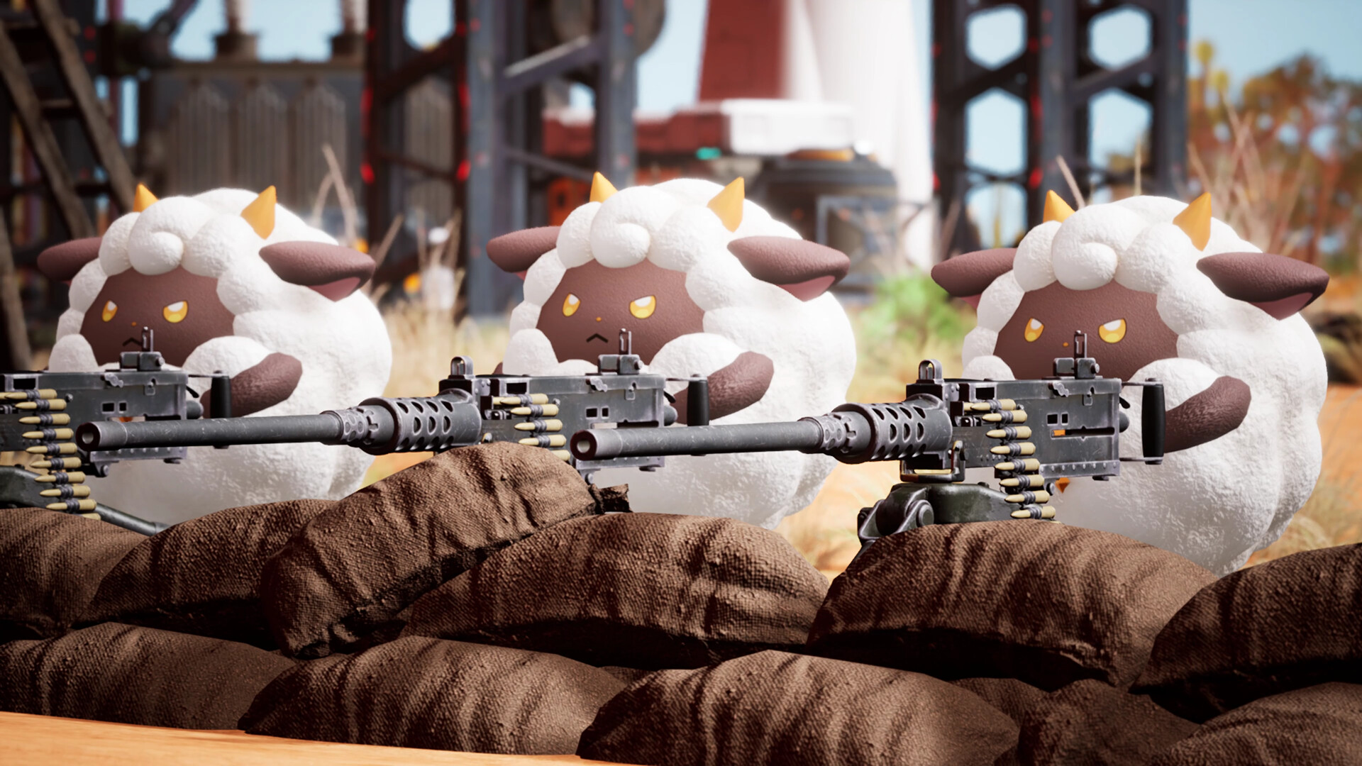 Scena open world di Palworld con costruzione base e combattimento creature