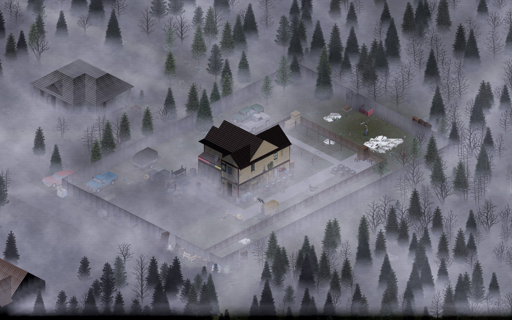 Screenshot di gameplay di Project Zomboid che mostra uno scenario di sopravvivenza isometrico