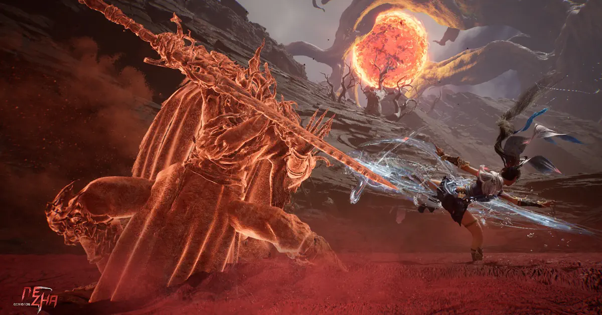 GeniGods: Nezha mostra il protagonista che affronta una divinità colossale in un paesaggio distrutto