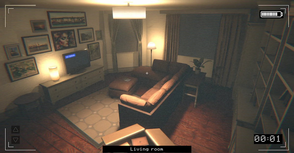 La visuale sgranata di una telecamera di sorveglianza in un appartamento buio, tratta dal gioco horror indie Paragnosia, attualmente riscattabile gratis su Steam