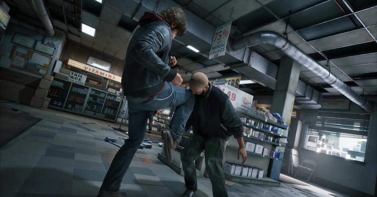 Samson in piedi sotto la pioggia accanto alla sua auto malconcia a Tyndalston