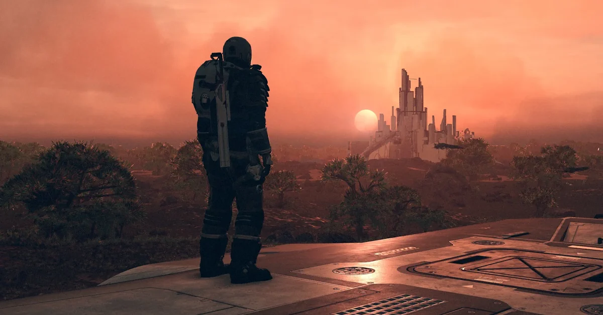 La nave Constellation Frontier che vola sopra un pianeta roccioso in Starfield