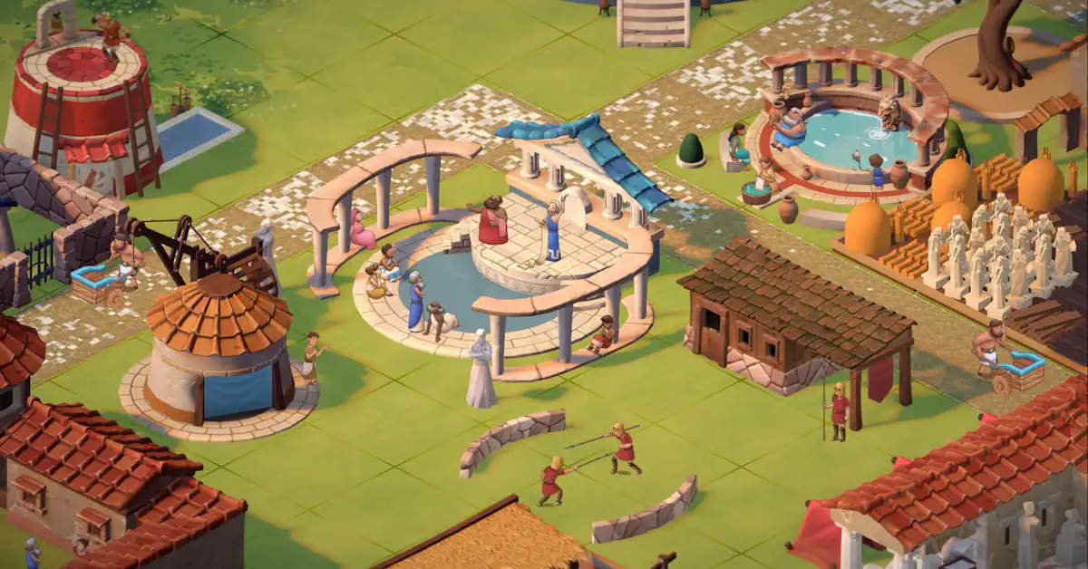 Theos presenta uno stile artistico fortemente ispirato ai classici giochi di costruzione di città dei primi anni 2000