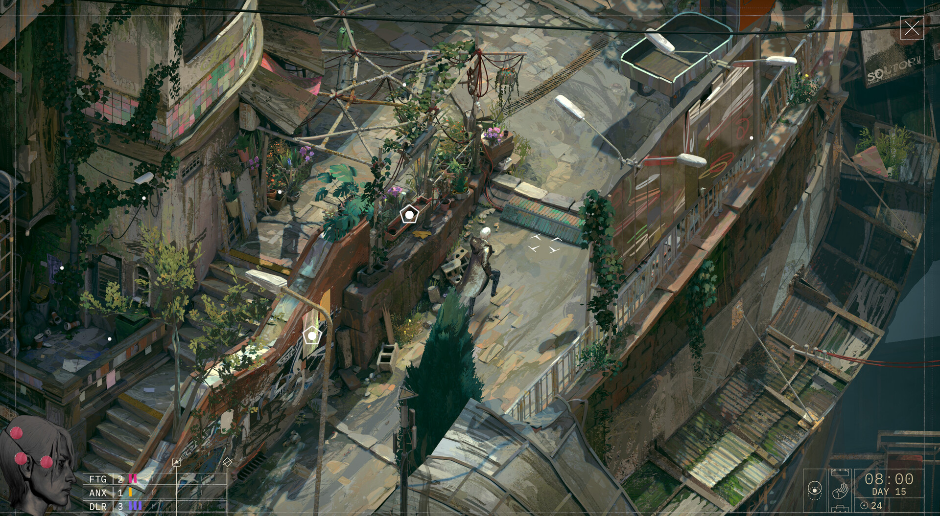 Scena di dialogo di ZERO PARADES: For Dead Spies con atmosfera da spy RPG politico
